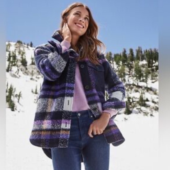 NWT Loft Purple Black White Gray Grey Orange Plaid Jacket Shacket XS - Picture 3 of 3